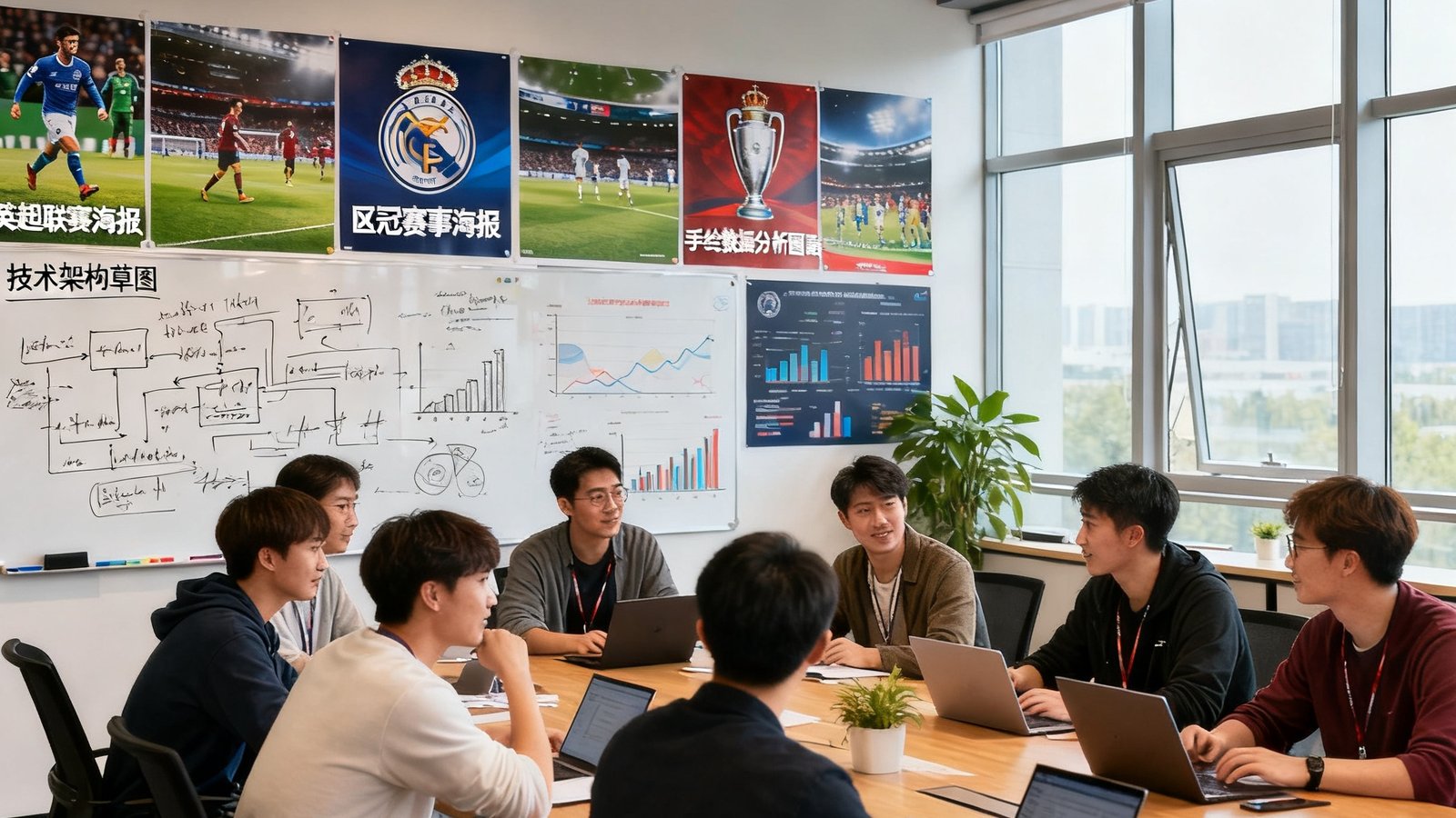 雷速比分团队在开放式办公室中的工作场景：十几位年轻人围坐在长桌旁热烈讨论，墙上贴满了各大联赛的赛事海报和手绘的数据分析图表，白板上写满了技术架构草图，窗外透入自然光线。